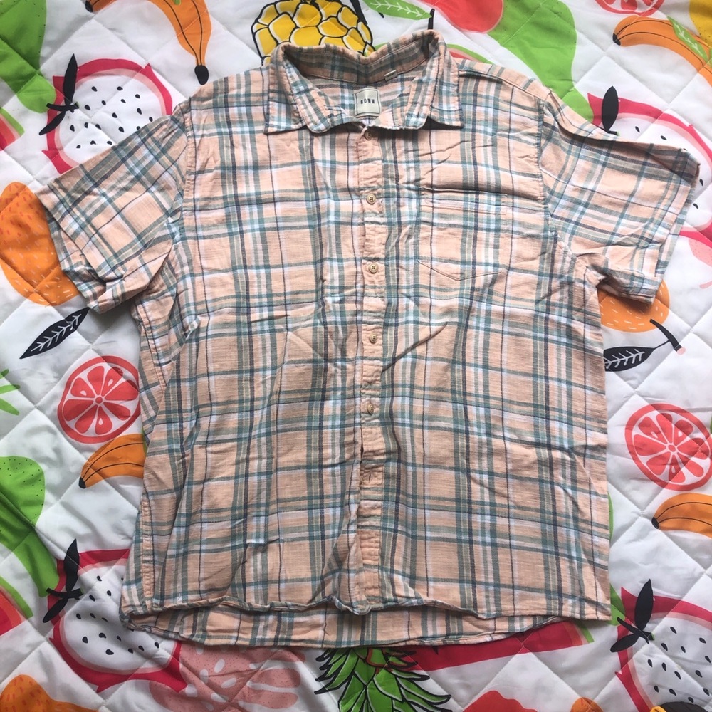 Orange and blue 100% cotton plaid short sleeve button up shirt
